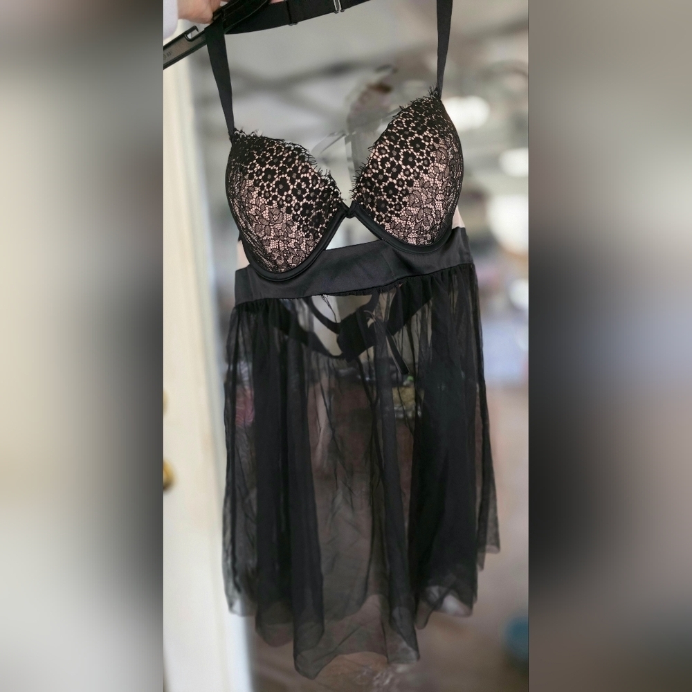 Victoria Secret Black Lace Women's Lingerie Push Up Padded Slip Babydoll 36C